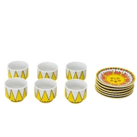 White Ceramic Coffee Set of Cups & Saucers with Yellow patterns and Drawings of The Sun