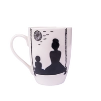 White Ceramic Mug with Hand-drawn Silhouette of a Mother and Son