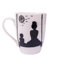 White Ceramic Mug with Hand-drawn Silhouette of a Mother and Son