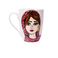 A Large white Mug With a Picture of a Girl Wearing Jordanian Shemagh