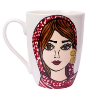 A Large white Mug With a Picture of a Girl Wearing Jordanian Shemagh