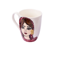 A Large white Mug With a Picture of a Girl Wearing Jordanian Shemagh