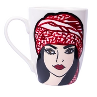 White Ceramic Mug Adorned with Hand-drawn Picture of A Girl Wearing Red Shemagh