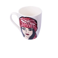 White Ceramic Mug Adorned with Hand-drawn Picture of A Girl Wearing Red Shemagh