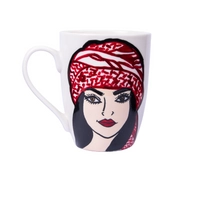 White Ceramic Mug Adorned with Hand-drawn Picture of A Girl Wearing Red Shemagh