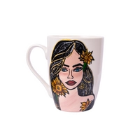 White Ceramic Mug with Hand Drawings of a Girl with Sunflowers