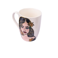 White Ceramic Mug with Hand Drawings of a Girl with Sunflowers