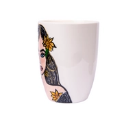 White Ceramic Mug with Hand Drawings of a Girl with Sunflowers