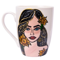 White Ceramic Mug with Hand Drawings of a Girl with Sunflowers