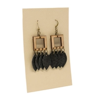 Unique Wooden Earrings with Metal Rings and Black Leaves