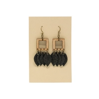 Unique Wooden Earrings with Metal Rings and Black Leaves