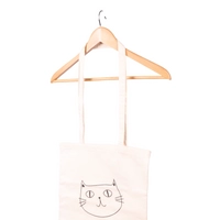 Beige Canvas Tote Bag with a Black Cat Print Design