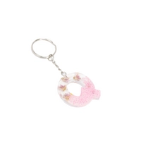 Resin Keychain with Dried Flowers & Pink Sparkling Beads in the Shape of the Letter Q