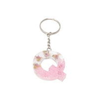 Resin Keychain with Dried Flowers & Pink Sparkling Beads in the Shape of the Letter Q