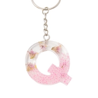 Resin Keychain with Dried Flowers & Pink Sparkling Beads in the Shape of the Letter Q