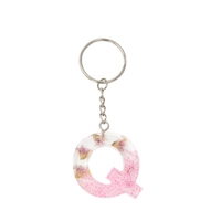 Resin Keychain with Dried Flowers & Pink Sparkling Beads in the Shape of the Letter Q