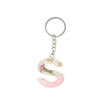 Resin Keychain with Dried Flowers & Pink Sparkling Beads in the Shape of the Letter S