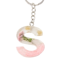 Resin Keychain with Dried Flowers & Pink Sparkling Beads in the Shape of the Letter S