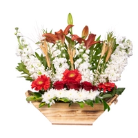 Flower Bouquet in a Wooden Basket - Red, white and Peach Flowers