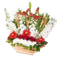 Flower Bouquet in a Wooden Basket - Red, white and Peach Flowers