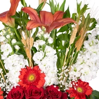 Flower Bouquet in a Wooden Basket - Red, white and Peach Flowers