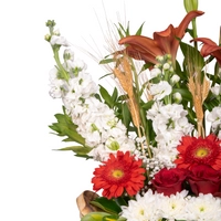 Flower Bouquet in a Wooden Basket - Red, white and Peach Flowers