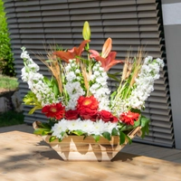 Flower Bouquet in a Wooden Basket - Red, white and Peach Flowers