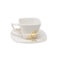 White Ceramic Coffee Set with Saucers Adorned with Hand-drawn Golden Motifs