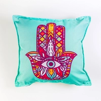 Turquoise Cushion with a Design Inspired by the Drawings of Pediatric Cancer Patients at KHCC - Hamsa