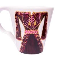 White Mug with Hand Painted Design of an Elegantly Embroidered Dress