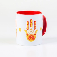 White & Red Ceramic Mug with a Printed Design of Hamsa