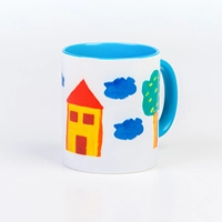 Blue and. White Ceramic Mug Adorned with Colorful Printed Design of Hand-drawn House