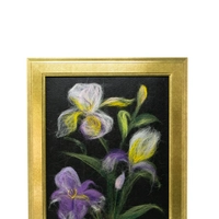 Handmade Wool Painting of Purple Lilies and a Golden Frame