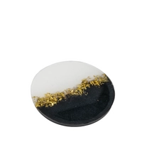 Round Resin Coaster in Black and White with Shiny Golden Glitters