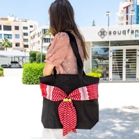 Medium Sized Black Handbag Decorated with a Traditional Red Shemagh