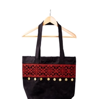 Black Shopping Bag Decorated with Red Embroidery and Gold Coins