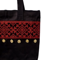 Black Shopping Bag Decorated with Red Embroidery and Gold Coins