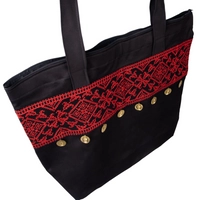 Black Shopping Bag Decorated with Red Embroidery and Gold Coins