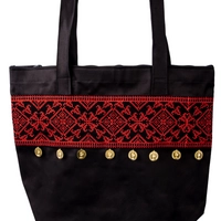 Black Shopping Bag Decorated with Red Embroidery and Gold Coins