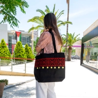 Black Shopping Bag Decorated with Red Embroidery and Gold Coins