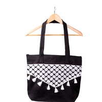 High Quality Black Shopping Bag Decorated with a Palestinian Keffiyeh and White Tassels