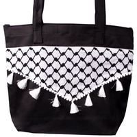 High Quality Black Shopping Bag Decorated with a Palestinian Keffiyeh and White Tassels