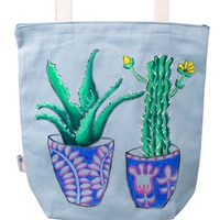 Handmade Blue Tote Bag with Hand-drawn Design of Aloe Vera Plants