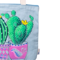 Handmade Blue Tote Bag with Hand-drawn Design of Aloe Vera Plants