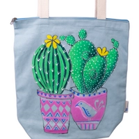 Handmade Blue Tote Bag with Hand-drawn Design of Aloe Vera Plants