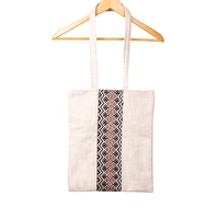 Beige Rectangular Canvas Tote Bag Embroidered with Black and Red Geometric Patterns