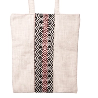 Beige Rectangular Canvas Tote Bag Embroidered with Black and Red Geometric Patterns