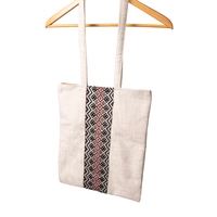 Beige Rectangular Canvas Tote Bag Embroidered with Black and Red Geometric Patterns