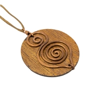 Classic Handcrafted Wooden Pendant Necklace Decorated with Brass Spirals 