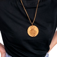 Classic Handcrafted Wooden Pendant Necklace Decorated with Brass Spirals 